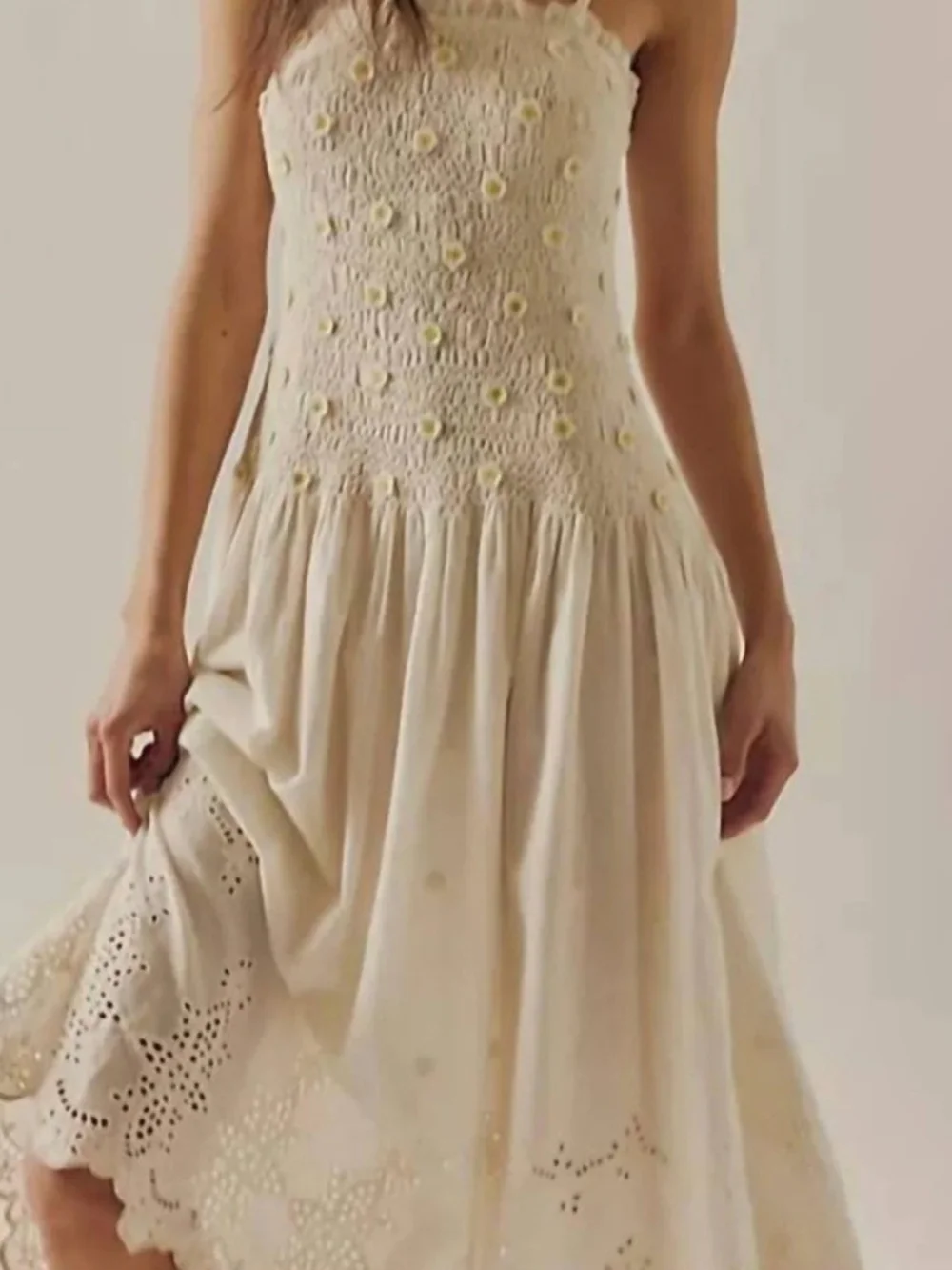 Cream Floral Smocked Midi Dress